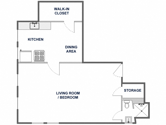 Floor plan for studio, 1 bath, 580 sqft